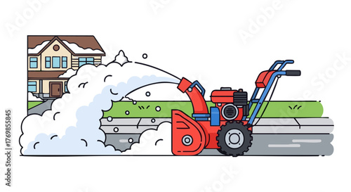 Snowblower clearing driveway with house in background during Winter  