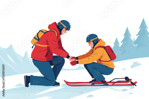 Ski patrol assisting child on slope in winter landscape  