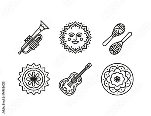 Mexican music instruments - guitar, trumpet, maracas. Traditional decoration elements - sun star, flower. Line line icon set. Linear illustrations. Modern line icon, editable stroke