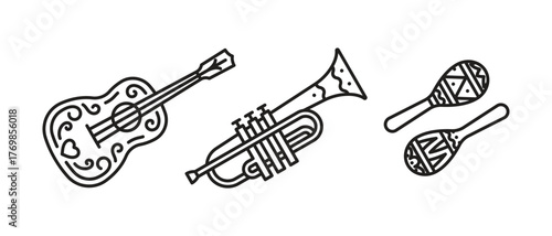 Mexican music instruments - guitar, trumpet, maracas. Line line icon set. Mexican traditional musical performance concept. Linear illustrations. Modern line icon, editable stroke