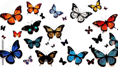 Intricate silhouettes of various butterfly species against a white background, royalty, vintage