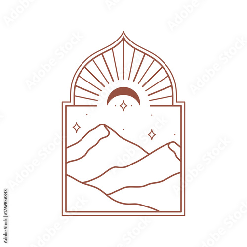 Boho linear emblem with abstract mountain landscape in moroccan window.Travel logo with mountains or desert dunes;moon and stars.Modern bohemian symbol in oriental style.Branding design template.