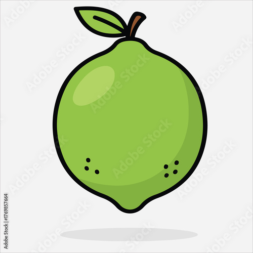 A cartoon-style illustration of a green lime with a leaf and stem against a plain white background.