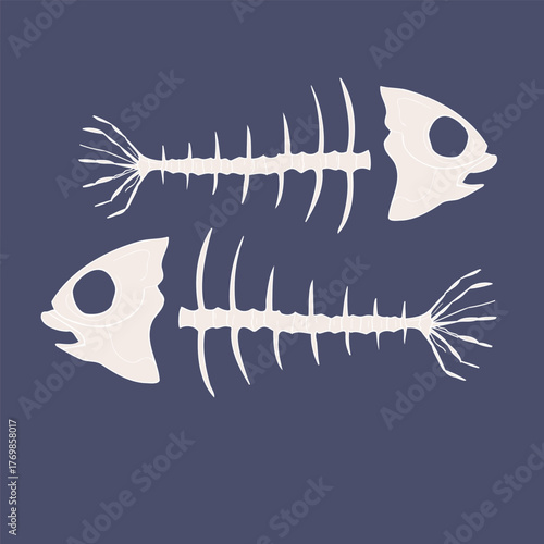 Set fishbones on a dark background. Fishbone or fish bone skeleton flat vector 