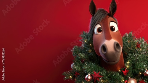 Funny cartoon Christmas horse peeks out from behind festive decorations with a cheerful expression