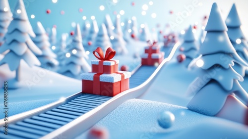 Conveyor snow belt carries a cheerful assortment of gifts through a winter wonderland scene filled with snowy trees and vibrant decorations