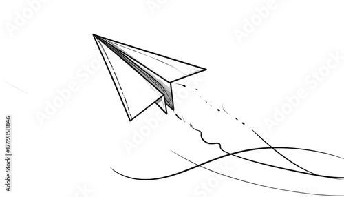 Paper airplane sketch, leaving a flowing trail on a stark black background