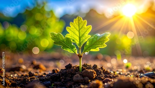 Quercus robur (oak tree seedling) growing from soil in morning light. Nature, growth, and environmental concept.