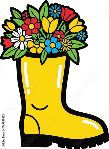 Vibrant Yellow Rain Boot Overflowing with Colorful Spring Flowers.