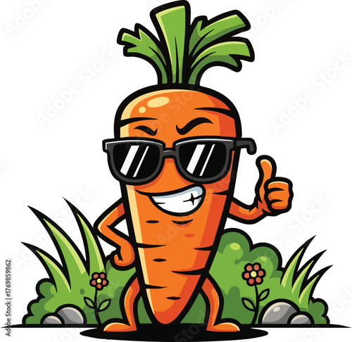Cool Carrot Cartoon Character with Sunglasses Giving Thumbs Up.