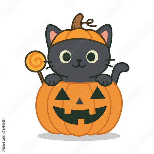 Cute Cartoon Black Cat in Pumpkin Hat with Lollipop Inside Jack-o'-Lantern.