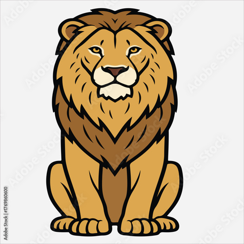 Illustration of a sitting lion with a thick mane against a plain white background in a cartoon style with warm golden tones.