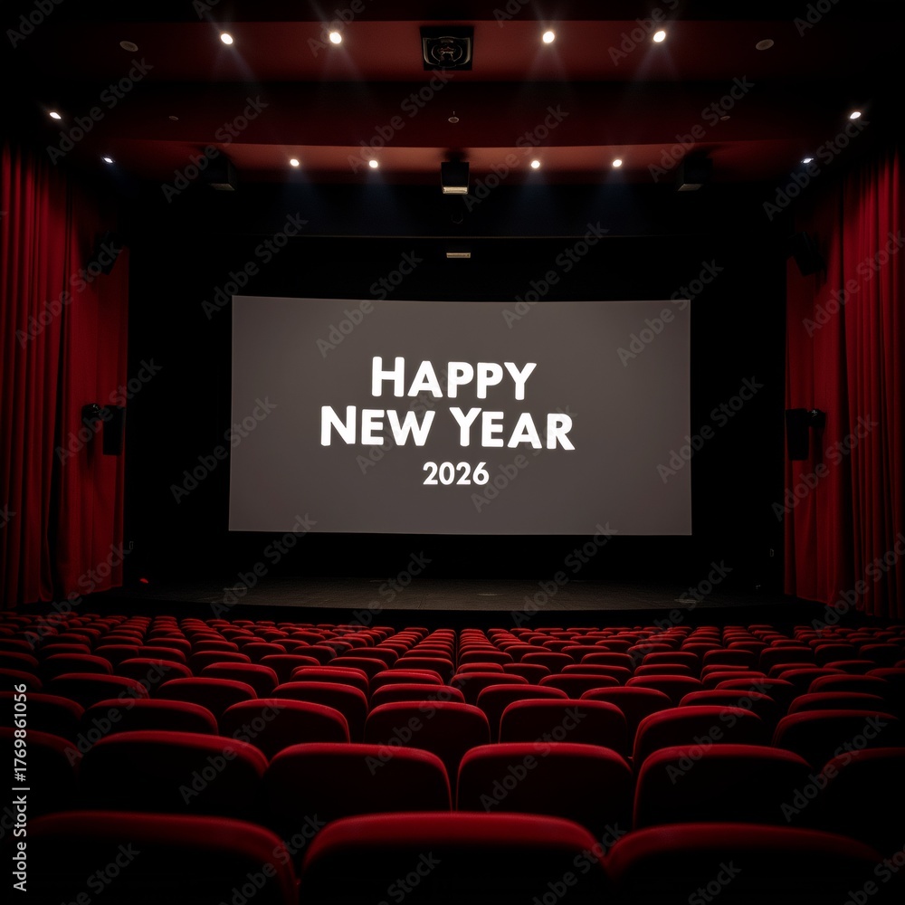Obraz premium large screen middle movie theater red curtains either side screen displays text happy new year 2026 white capital letters theater has rows red seats facing screen ceiling covered spotlights overall
