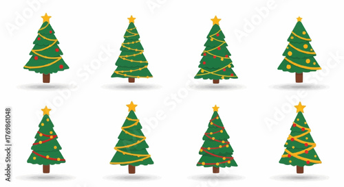 Eight decorative Christmas trees in various styles and ornaments  