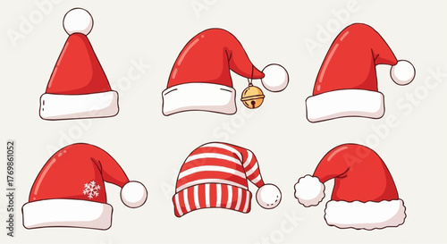 Various red Christmas hats in different styles and designs  