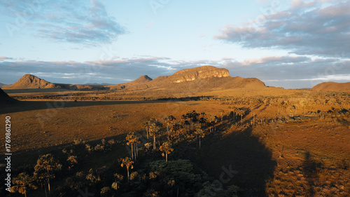 Morro da Baleia, Chapada dos Veadeiros, aerial drone view, green fields with buritis, mountains, road