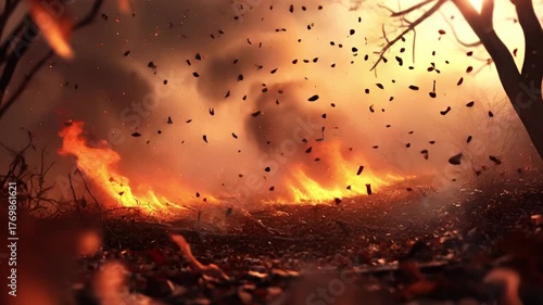 Intense Wildfire Consuming Forest Landscape, Dramatic and Dangerous Fire Burning