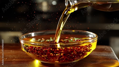 Pouring Flavored Olive Oil: A Culinary Presentation of Infused Oil Preparation