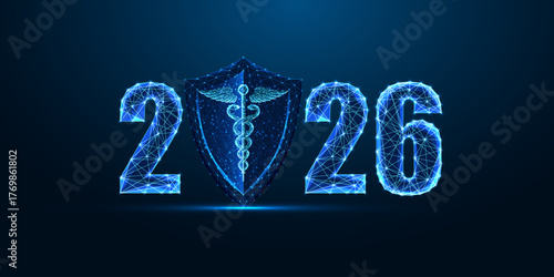 2026 New Year with glowing medical shield and caduceus symbol. Vector healthcare illustration