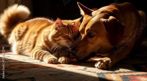 Gato e cachorro caramelo deitados trocando carícias.