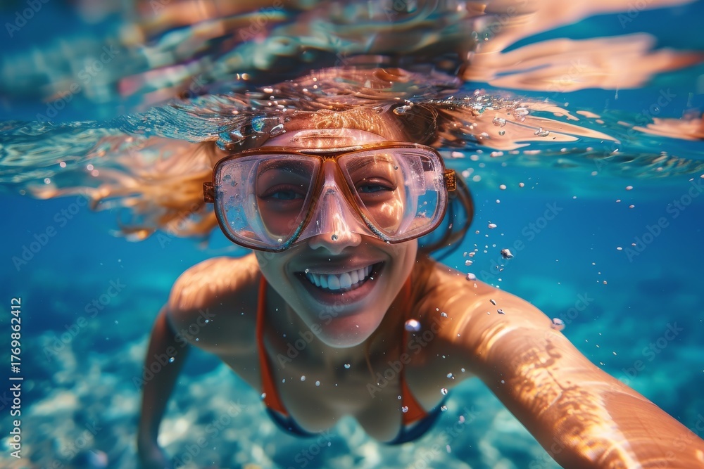 Naklejka premium Happy girl underwater with goggles, bubbly and bright