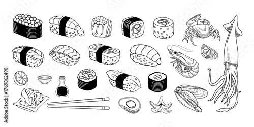 Vector set of sushi, nigiri, seafood, shrimp, crab, and squid in black line art style, isolated on white background, perfect for restaurant design and menu templates.
