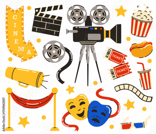Set of cute cinema elements on a white background. A camera, popcorn, tickets, masks, film. Flat vector illustration.