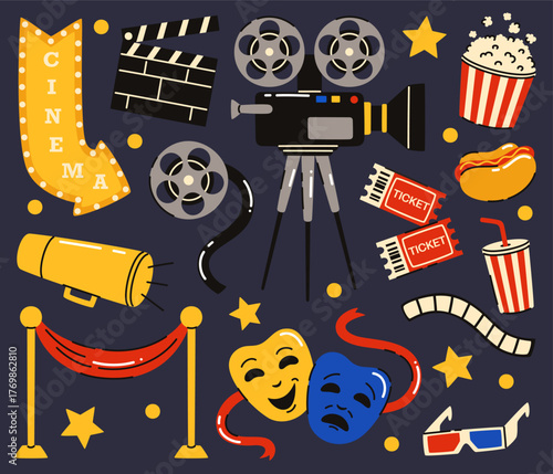 Set of cute cinema elements on a dark background. A camera, popcorn, tickets, masks, film. Flat vector illustration.