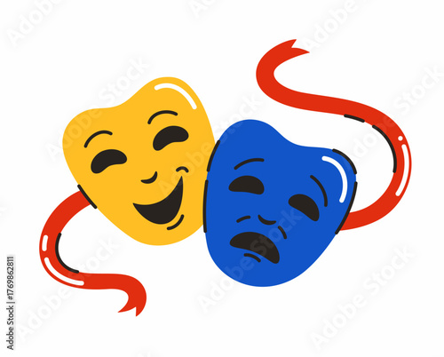 Blue and yellow theater and cinema masks. Flat vector illustration.
