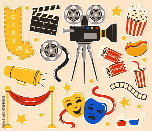 Set of cute cinema stickers. A camera, popcorn, tickets, masks, film. Flat vector illustration.