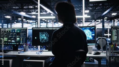 Data center software developer using computer to monitor neural network AI LLM visualization. Worker in high tech facility using PC to oversee servers powering machine learning processes, camera A