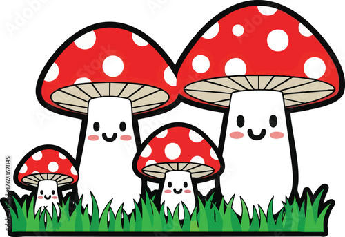 Charming Mushroom Family in a Whimsical Meadow.