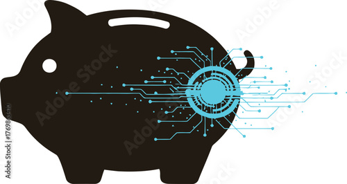 Black Piggy Bank with Blue Digital Circuitry and Data Flow money finance