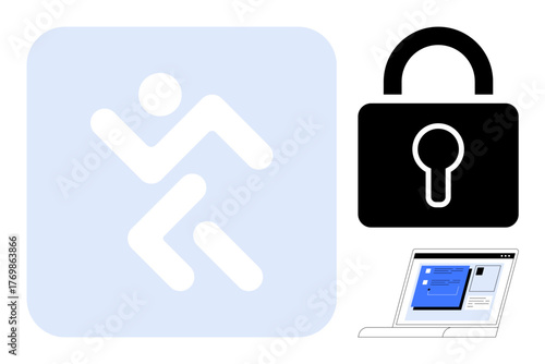 Abstract human figure sprinting, secure lock icon, computer with privacy settings. Ideal for security, technology, hacking prevention, encryption, privacy protection access control. Simple flat