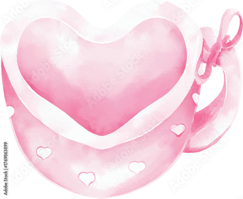Pink Heart-Shaped Mug with Ribbon Bow, clipart watercolor illustration | Vector