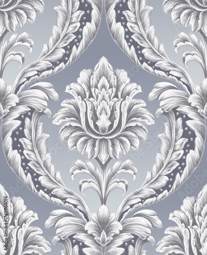 Elegant damask pattern with intricate floral motifs in silver and grey tones