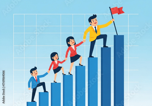 A team of people climbing a bar graph, led by a person holding a flag, symbolizing success.