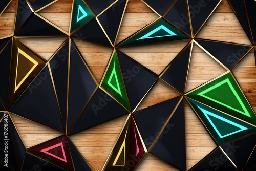 Geometric abstract pattern with glowing neon triangles and wood texture background