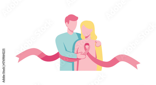 Man hugs woman with breast cancer awareness ribbon ideal for promoting breast cancer awareness, healthcare services, support groups, and counseling.