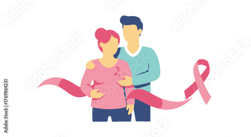 Male comforting female with breast cancer ribbon, suitable for health awareness campaigns, support groups, medical publications, and informational materials.