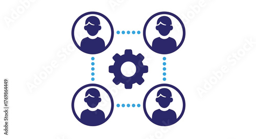 Connected people icons with a central gear representing teamwork silhouette