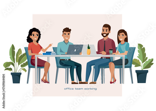 Flat vector illustration of diverse office team working together on a project