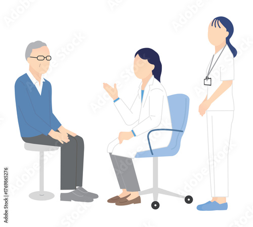 患者を診察する医者と看護師のシンプルイラスト素材