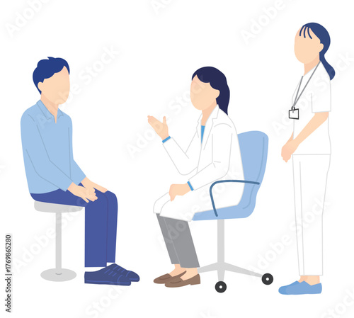 患者を診察する医者と看護師のシンプルイラスト素材