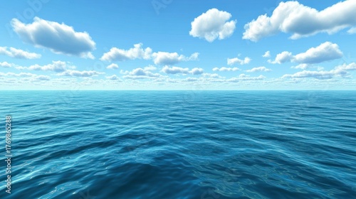 Vast expanse of placid ocean, bright sky with puffy clouds