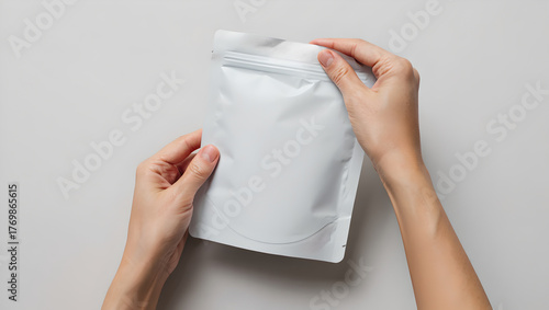 Hands Holding and Opening Blank White Zipper Food Pouch