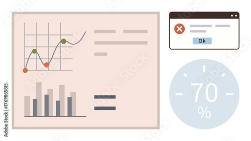 Bar graph, line chart, error alert pop-up, 70 progress indicator. Ideal for business metrics, statistics, research, data tracking, digital tools system alerts simple flat metaphor