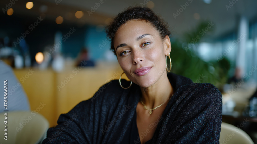 Obraz premium A captivating portrait of a young woman seated in a modern setting, exuding confidence and charm, showcasing her natural beauty and elegance with soft lighting and warm tones.