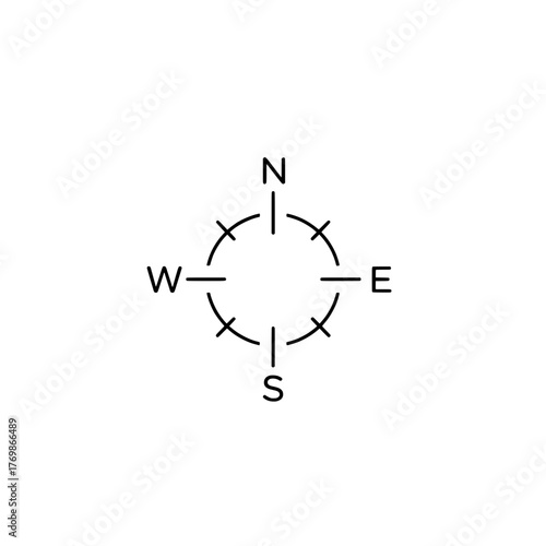 Minimalist outline compass rose icon showing cardinal directions N, S, E, W for navigation