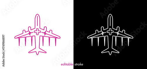 Abstract editable stroke medical airplane with cardiogram, medical cross. Creative line art medical icon to use for health industry, emergency, medical business, hospital, health science projects. 